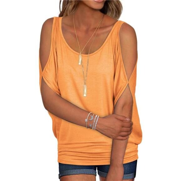 Womens Summer Cold Shoulder Tops Casual Scoop Neck Loose Fit T Shirt - Picture 1 of 6